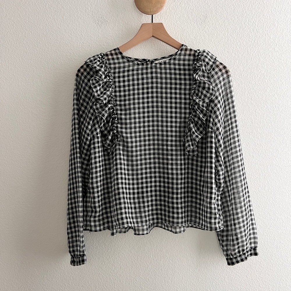 Farrow Sheer Checkered Ruffle Shoulder Blouse